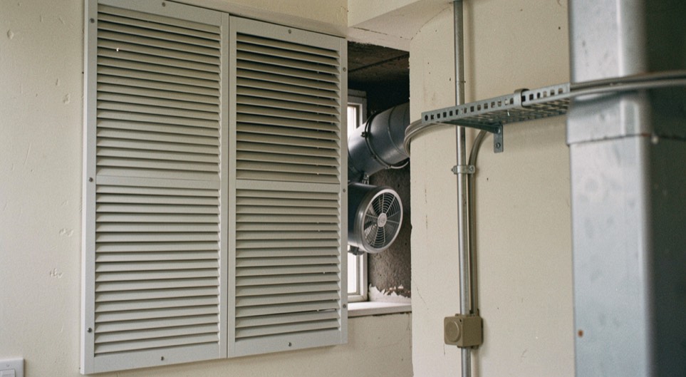 Acoustic louvre panel set into a plant room wall with an attenuator behind it, cable ladder and a wall-mounted extract fan visible through the opening