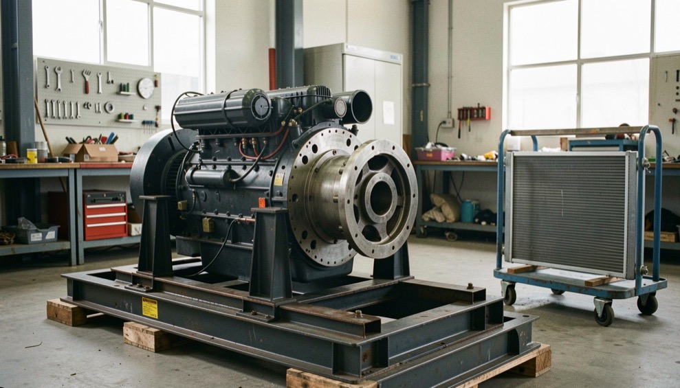 Generator set under construction in an assembly shop, alternator being aligned to the engine flywheel housing on a base frame, radiator waiting on a trolley nearby