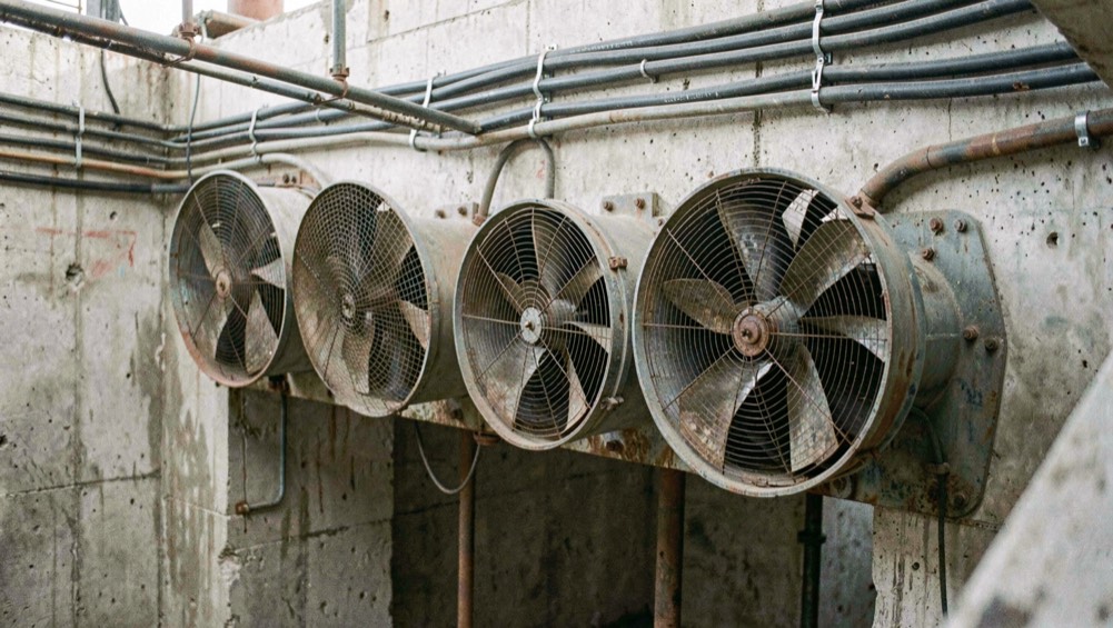 Row of large axial fans in a concrete pit beneath a mill conveyor, mesh guards on the intakes and cable trays running along the wall behind them