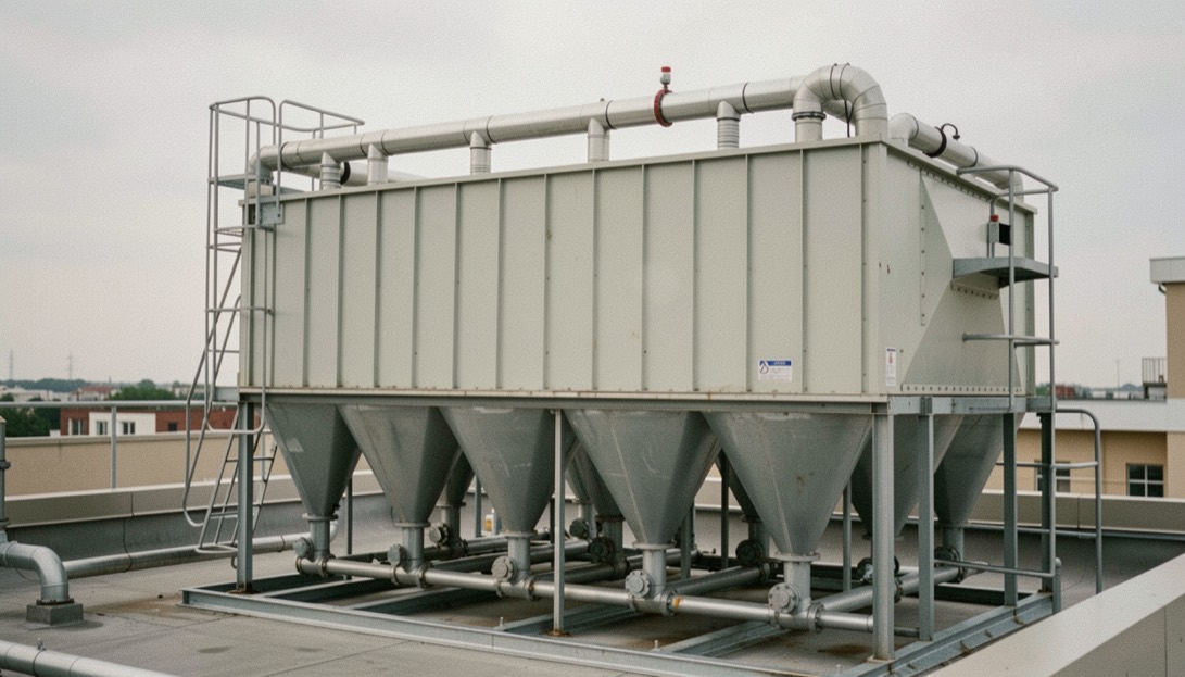 Bag filter housing on an industrial roof with rows of hopper cones underneath, compressed air headers along the top and access ladders on the side