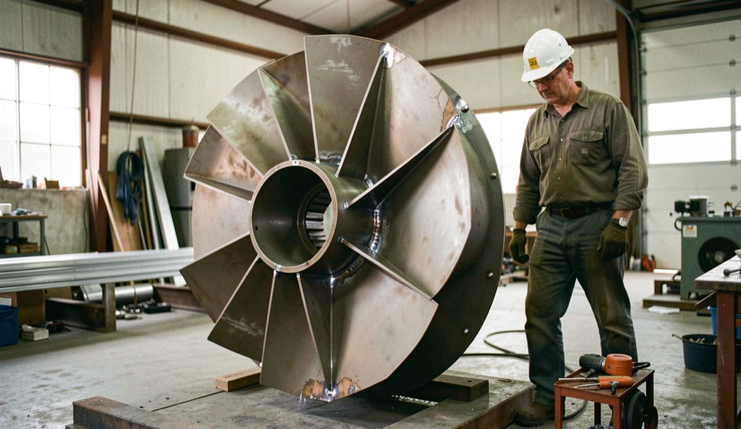 Large backward-curved centrifugal fan impeller standing on a fabrication shop floor, welds visible on the blade roots, a worker beside it for scale wearing a hard hat