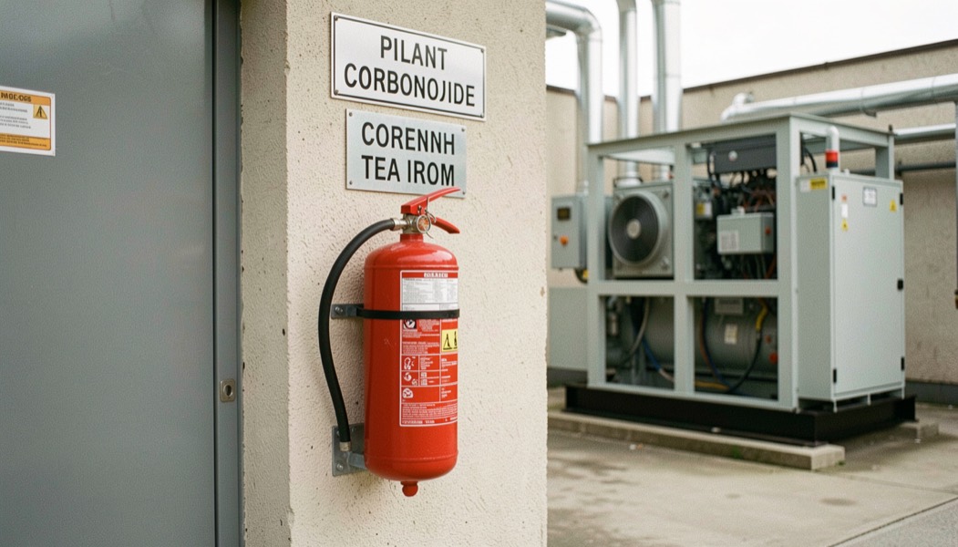 Red carbon dioxide extinguisher mounted on a bracket beside a plant room door, signage above it and an enclosed generator set visible in the background
