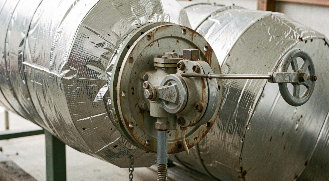 Butterfly control valve in a large insulated combustion air duct, actuator arm and position feedback rod visible, lagging cut back around the flange