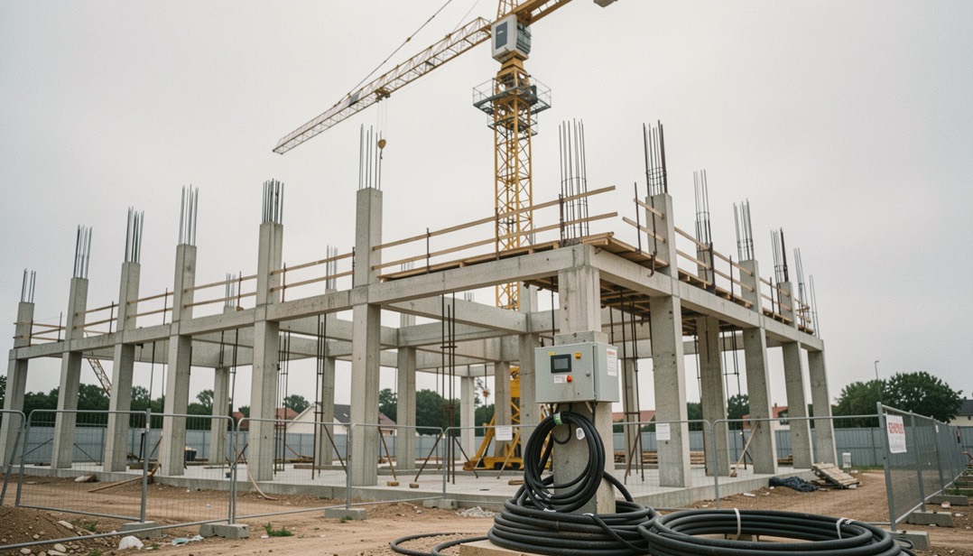 Tower crane above a partly built concrete frame with a temporary distribution board and armoured cable at its base, site fencing around it