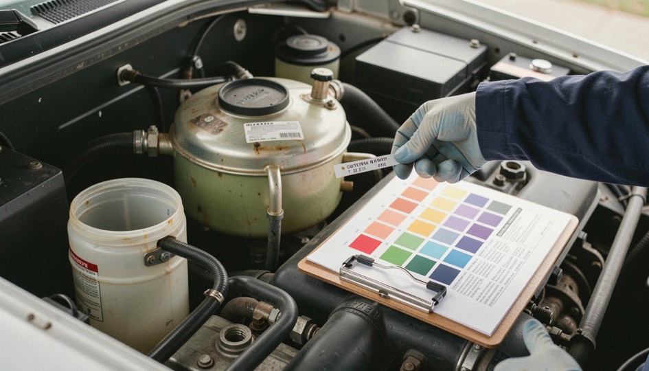 Gloved hand holding a coolant test strip against a colour chart beside an open expansion tank, sample bottle and clipboard on the engine frame