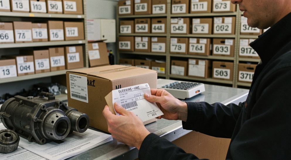 Customer collecting a boxed engine part at a dealer parts counter, invoice being stamped, shelves of numbered boxes behind the counter