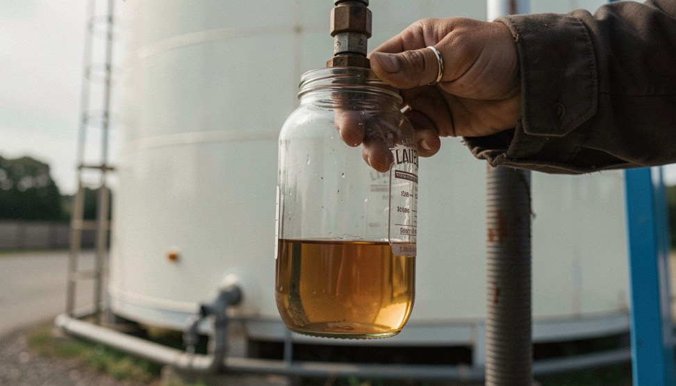 Glass jar of diesel drawn from a tank drain point held up to the light, a visible water layer at the bottom and a tank in the background