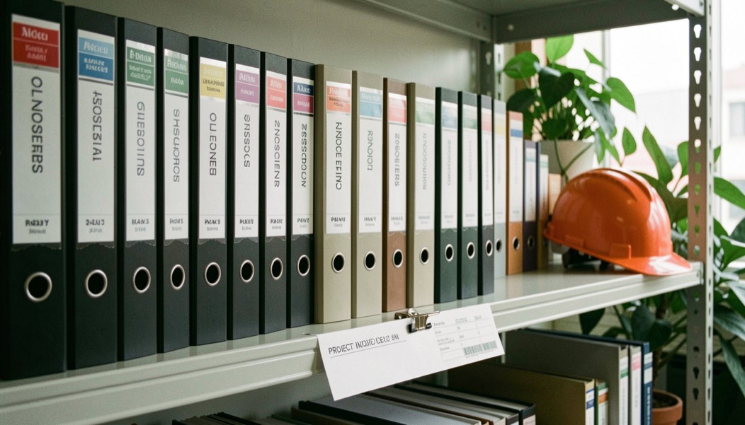 Row of labelled ring binders on a shelf in a plant office with a project index sheet clipped to the front, a hard hat resting on the end of the shelf