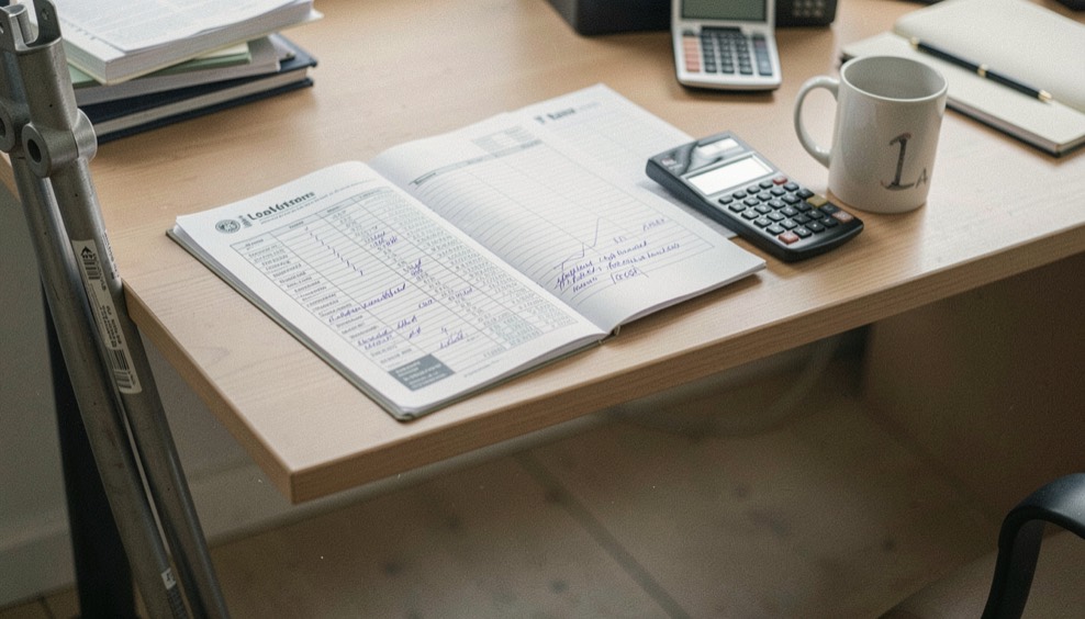 Desk with an open engine data sheet, a marked-up load schedule, a calculator and a mug, drawing tubes leaning against the desk leg