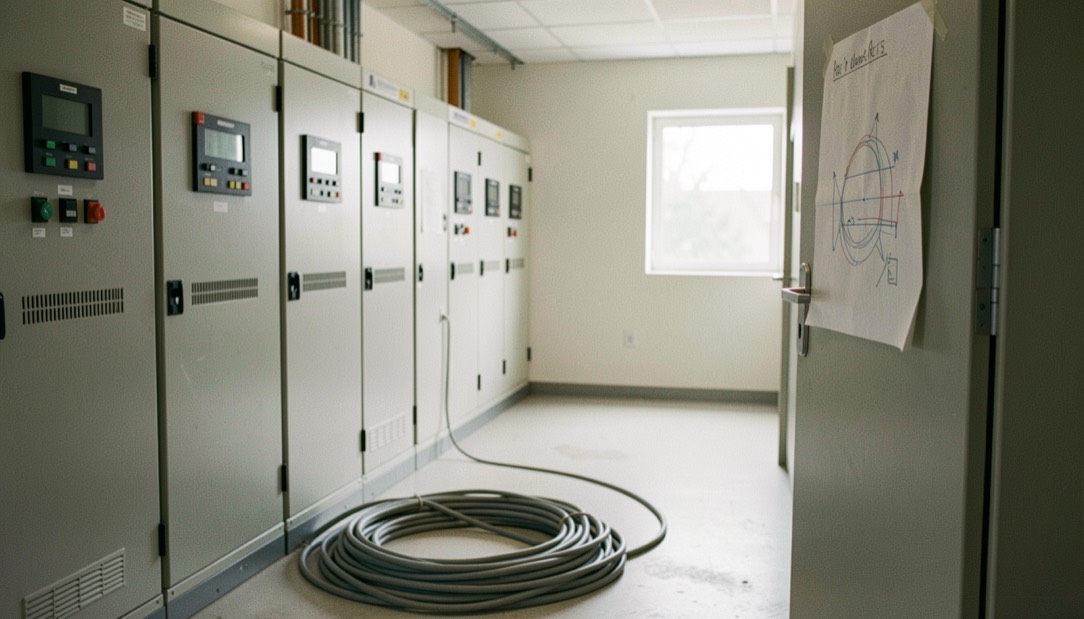 Electrical intake room in a new building with switchgear panels lined against the wall, unterminated cables coiled on the floor and a drawing taped to a panel door
