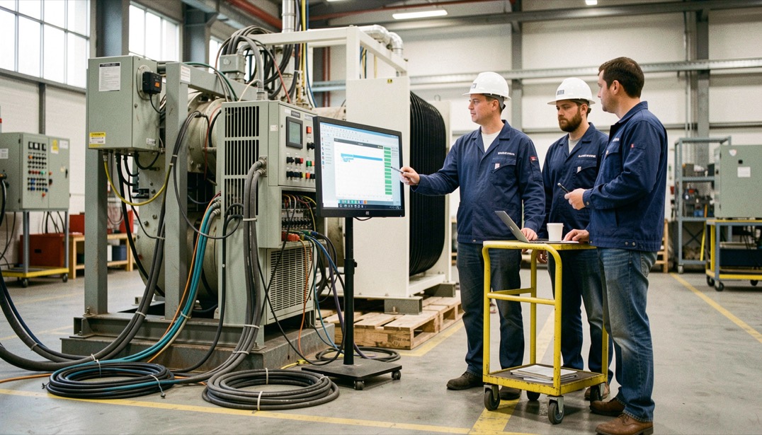 Generating set on a factory test bay connected to instrumentation cables and a load bank, engineers reading a data screen on a trolley beside the machine