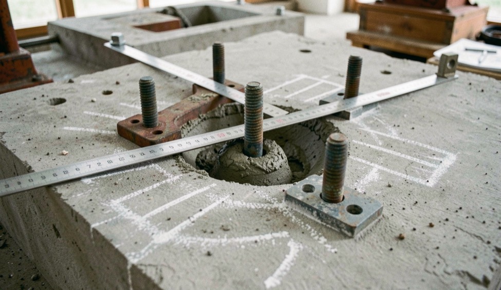 Exposed anchor bolts and grout pocket on a machine foundation with the old base plate lifted away, chalk marks on the concrete and a steel rule laid across the bolt centres