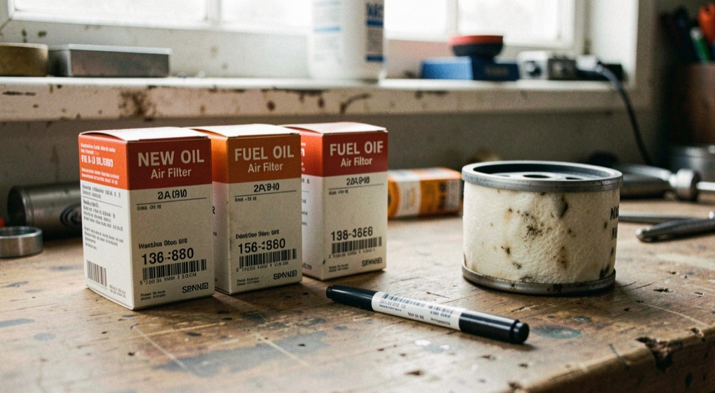 New oil, fuel and air filters lined up on a workshop bench beside a used filter, part numbers visible on the boxes and a marker pen alongside