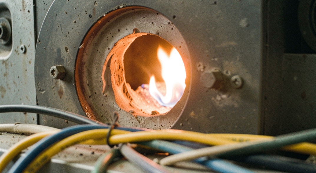 View through a furnace inspection port at a burner flame, refractory glowing orange around the opening, instrument cables in the foreground