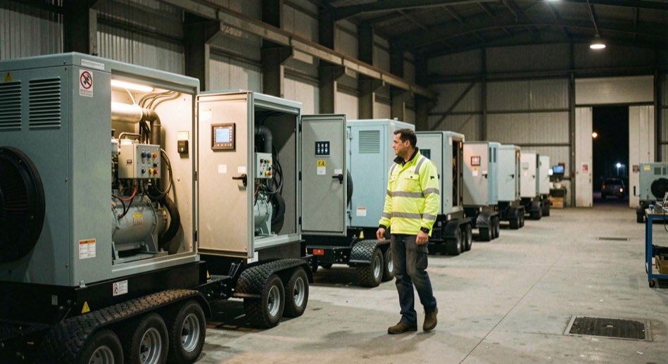 Row of skid-mounted diesel generator sets lined up inside a lit industrial hall at night, a technician in a high-visibility jacket walking between two open control cabinets