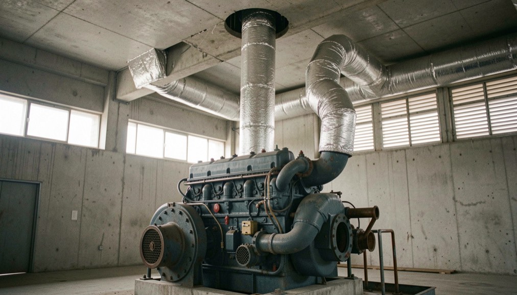 Large V-configuration diesel engine installed in a concrete plant room, insulated exhaust pipework rising to a ceiling penetration, ventilation louvres on the far wall