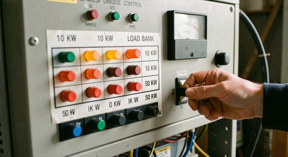 Close-up of a load bank control panel with rows of toggle switches for 10 kW and 50 kW steps, an analogue kilowatt meter and a hand flipping one switch