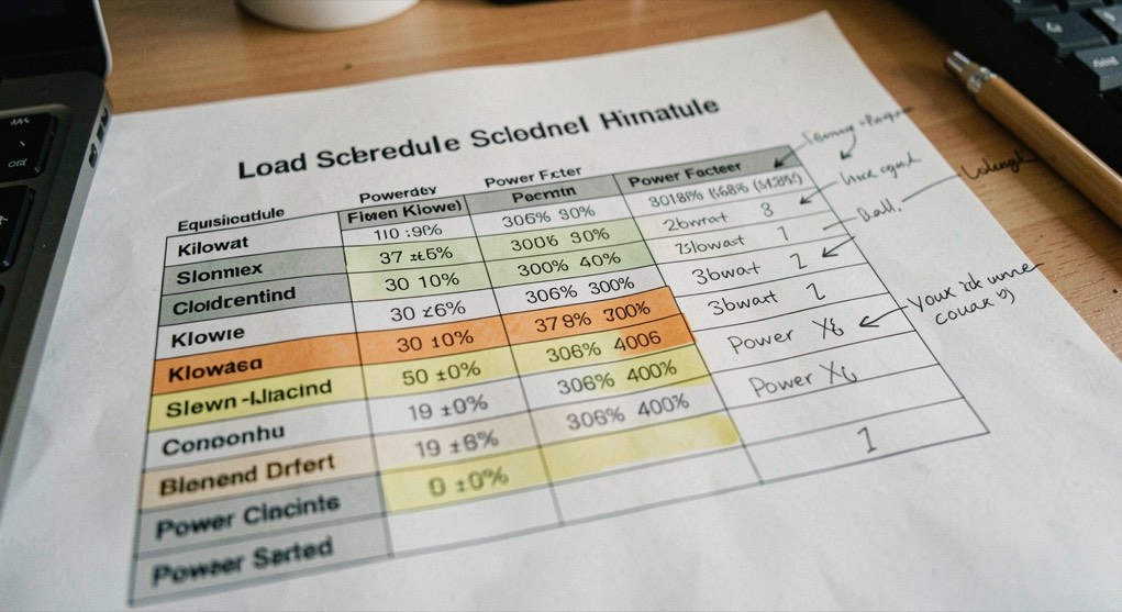Printed load schedule on a desk with equipment names, kilowatt ratings and power factors in columns, several rows highlighted and annotated by hand