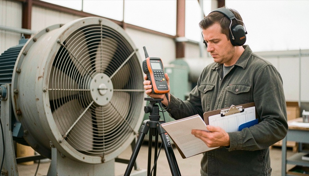 Engineer holding a sound level meter on a tripod one metre from a running industrial fan, ear defenders on, measurement notes clipped to a folder