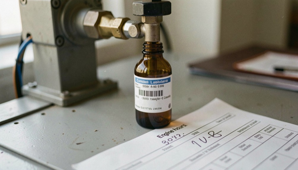 Small oil sample bottle with a completed laboratory label being filled from a sampling valve, engine hours written on the form beside it