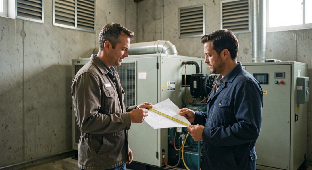 Two engineers with a tape measure and a drawing in a concrete plant room, an enclosed generator set behind them and ventilation louvres high on the wall