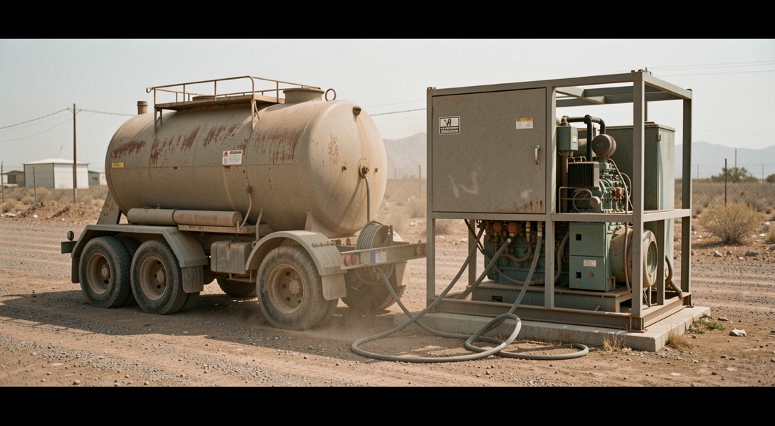 Fuel bowser parked beside an enclosed generator set on a remote compound, dust on the tank, a hose reel unwound toward the base tank filler
