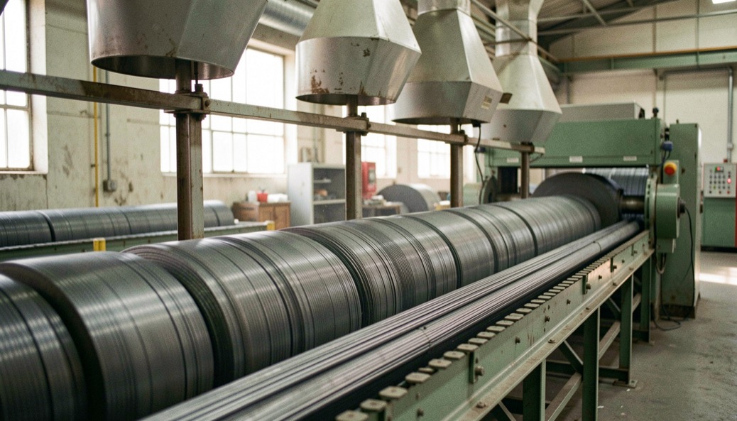 Wire rod rings travelling on a cooling conveyor in a rolling mill, extraction hoods above and the laying head visible at the far end