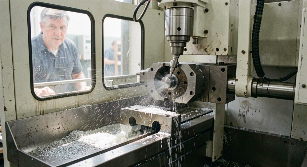 Cylinder block on a horizontal machining centre with coolant spray on the cutter, swarf collecting in the tray and an operator watching through the guard window