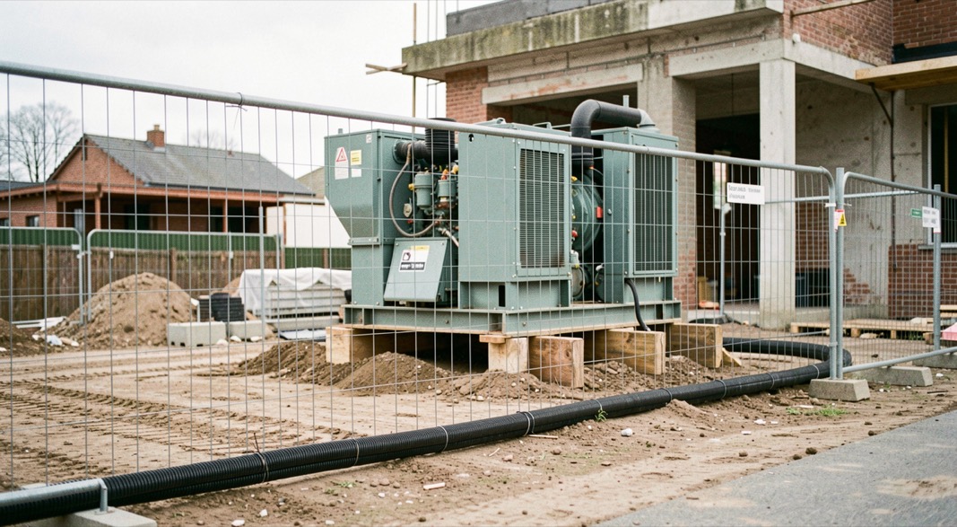 Enclosed generator set standing on timber bearers behind a site hoarding, armoured cable running under the fence toward a partly finished building