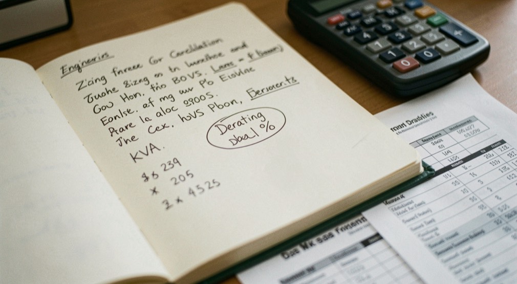 Engineering notebook with a sizing calculation written out by hand, kVA figures and a derating percentage circled, a calculator and a datasheet underneath