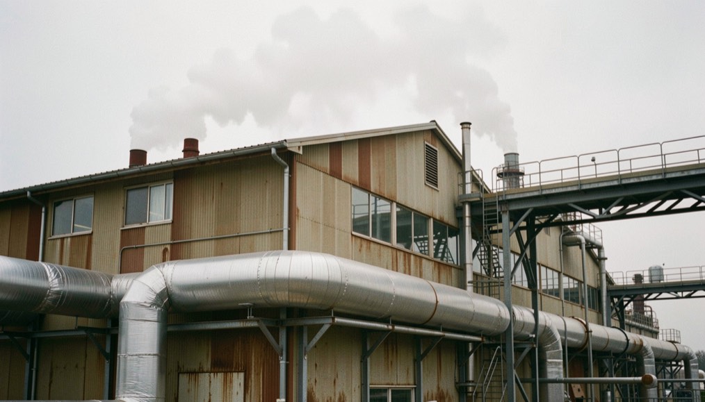 Fan house on the side of a steel plant with large insulated ducts running along the outer wall, steam rising behind the roofline and a service walkway at high level