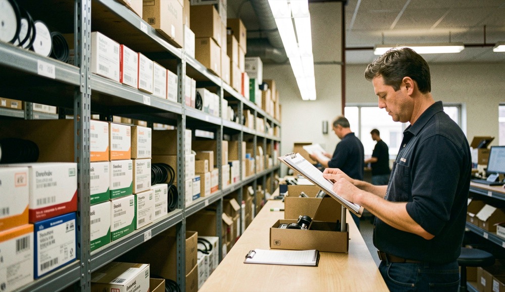 Parts warehouse aisle with boxed filters and belts on steel shelving, a storeman reading a picking list at the counter under strip lighting