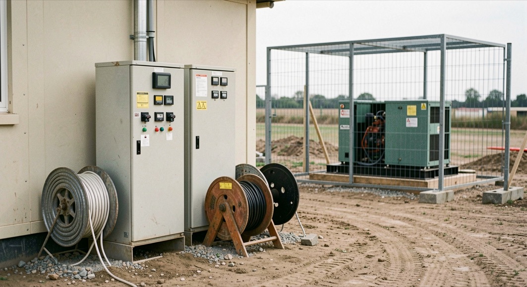 Temporary distribution board and cable reels beside a site cabin on a construction site, an enclosed generator running behind a mesh fence in the background
