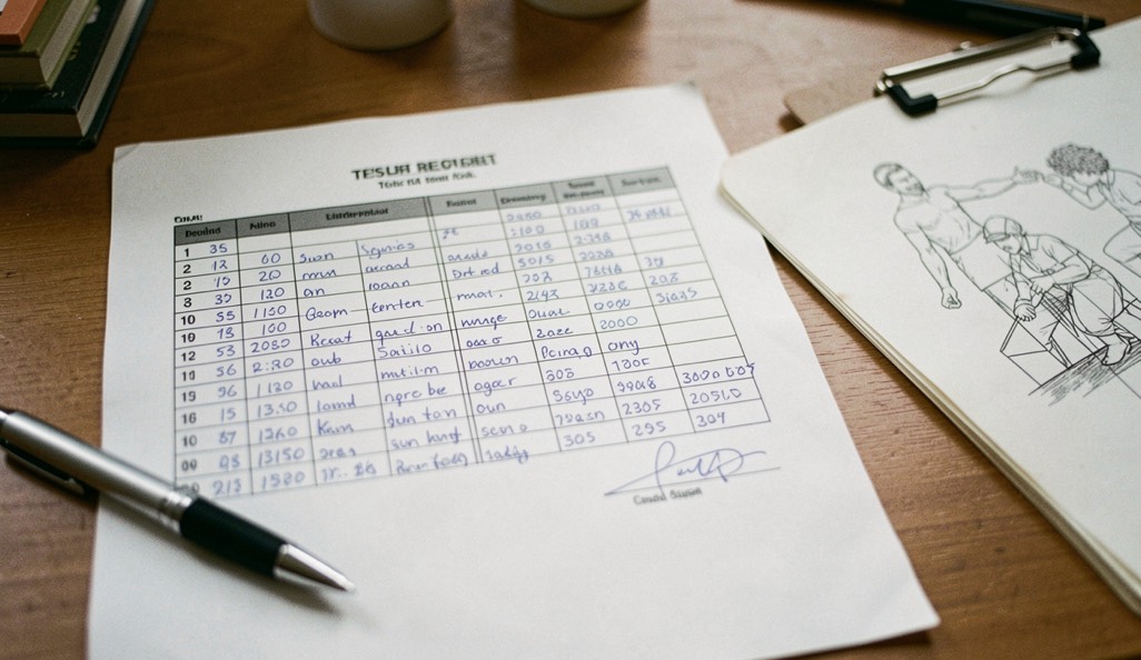 Printed test report on a desk with columns of handwritten readings, a pen resting on the signature line and a folder of drawings beside it