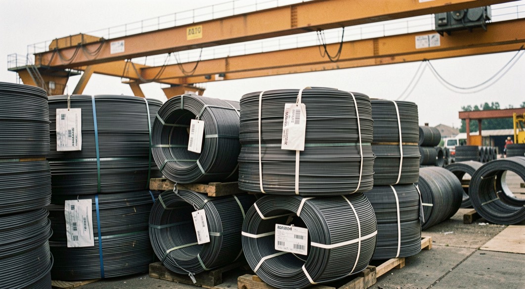 Stacked coils of finished steel wire rod in a mill yard, banding straps and identification tags on each coil, overhead crane rails above