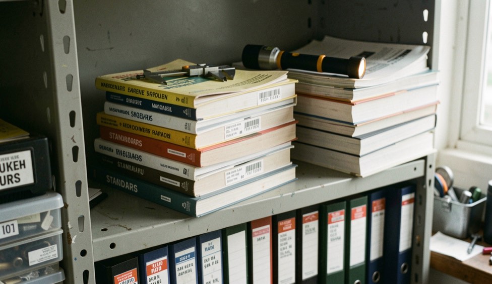 Shelf of engine manuals, standards volumes and ring binders in a workshop office, a caliper and a torch lying on top of the stack